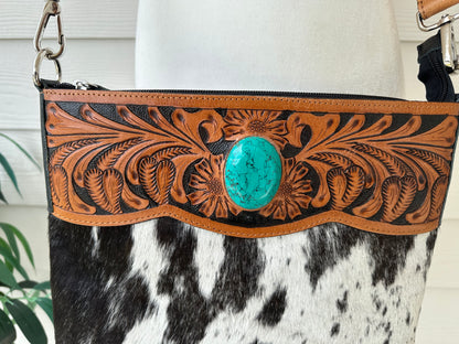 Western Cowhide Crossbody with Black Tooled Leather and Turquoise REMI