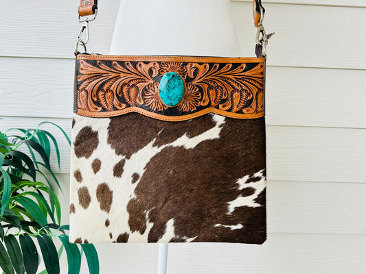 Western Cowhide Bag with Tooled Brown Leather and Turquoise REMI