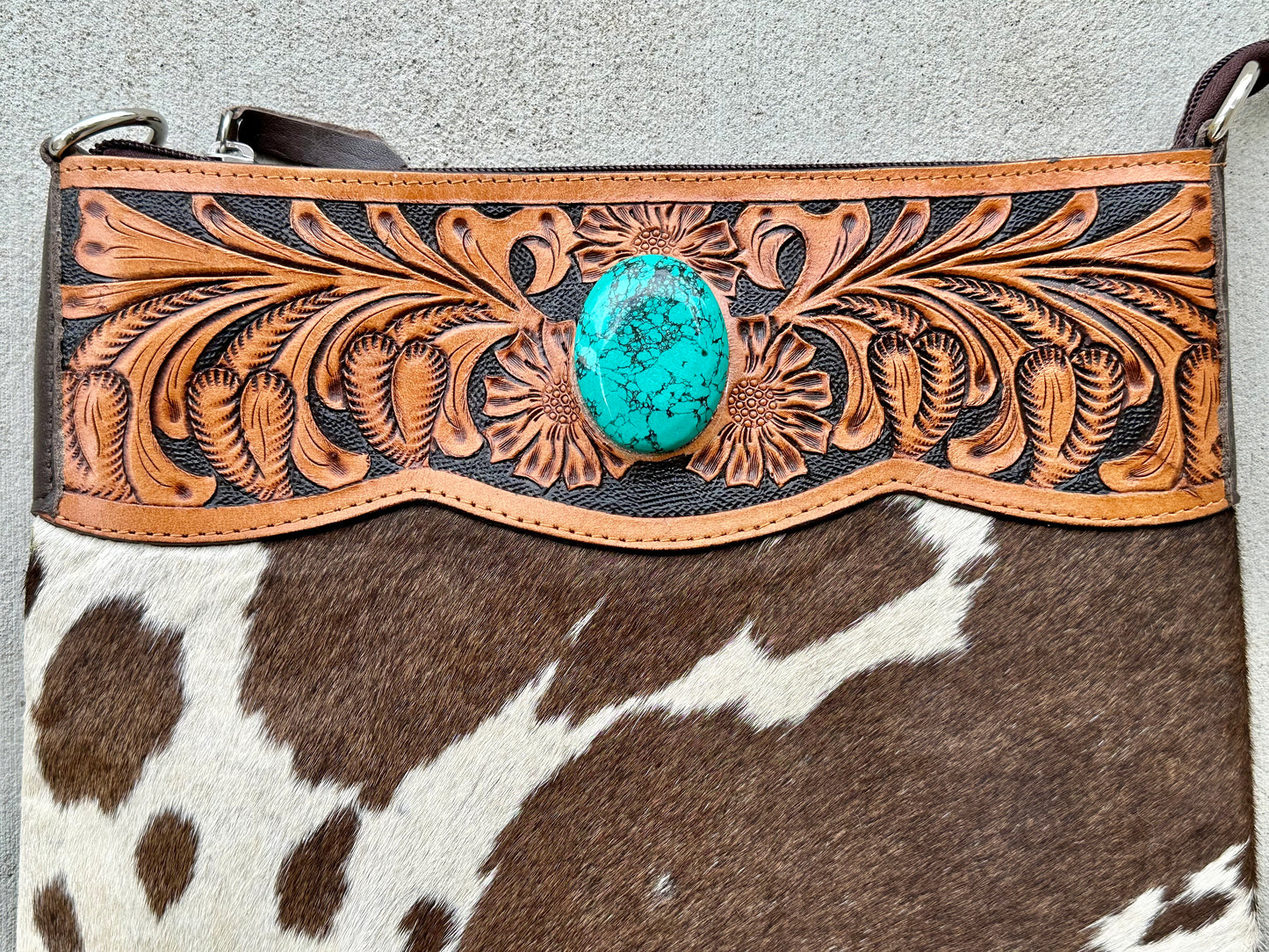 Western Cowhide Bag with Tooled Brown Leather and Turquoise REMI