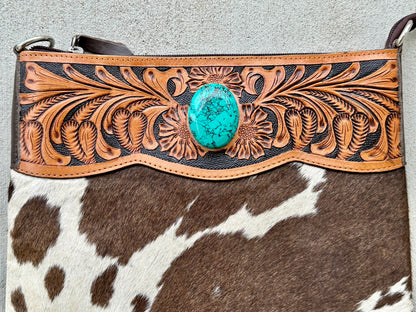 Western Cowhide Bag with Tooled Brown Leather and Turquoise REMI