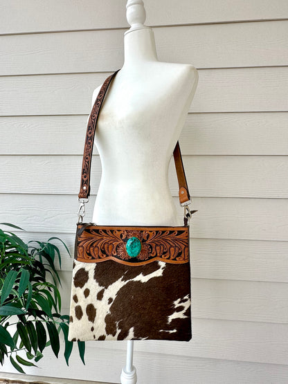 Western Cowhide Bag with Tooled Brown Leather and Turquoise REMI