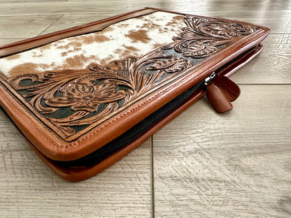 Cowhide Tooled Leather Western Padfolio Organizer in Tan