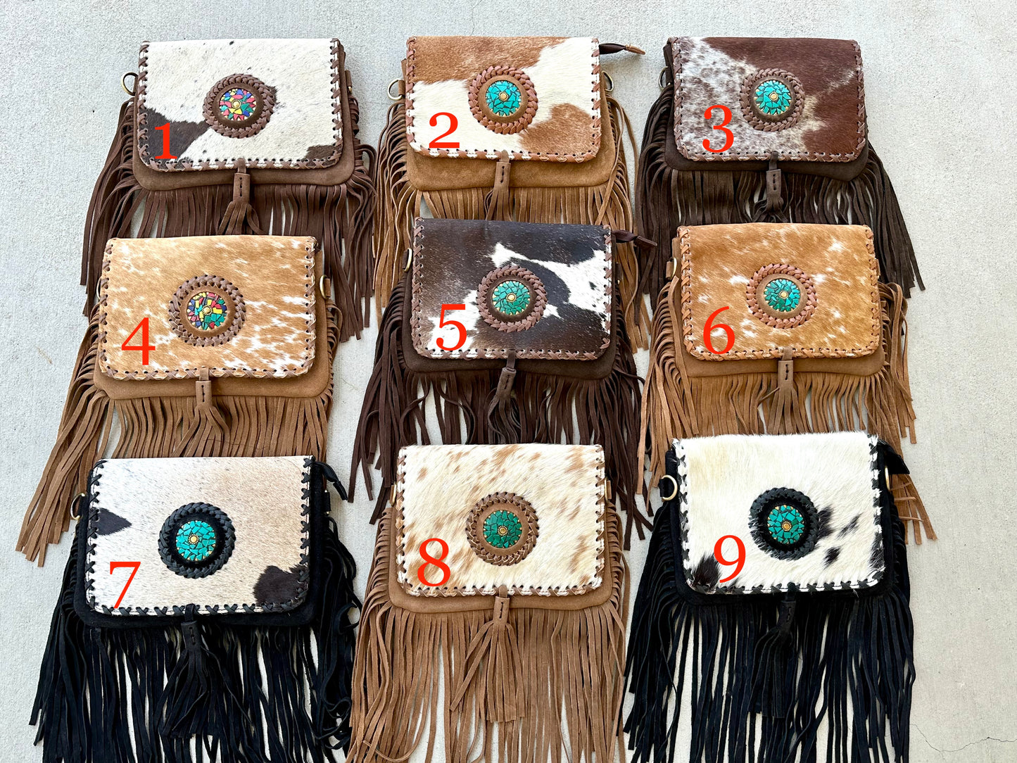 Cowhide Crossbody Purse with Fringes and Turquoise - CLARA