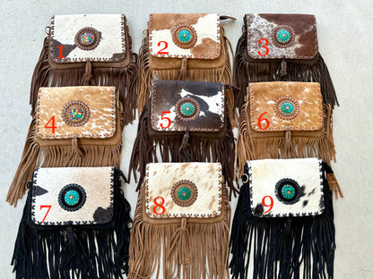 Cowhide Crossbody Purse with Fringes and Turquoise - CLARA