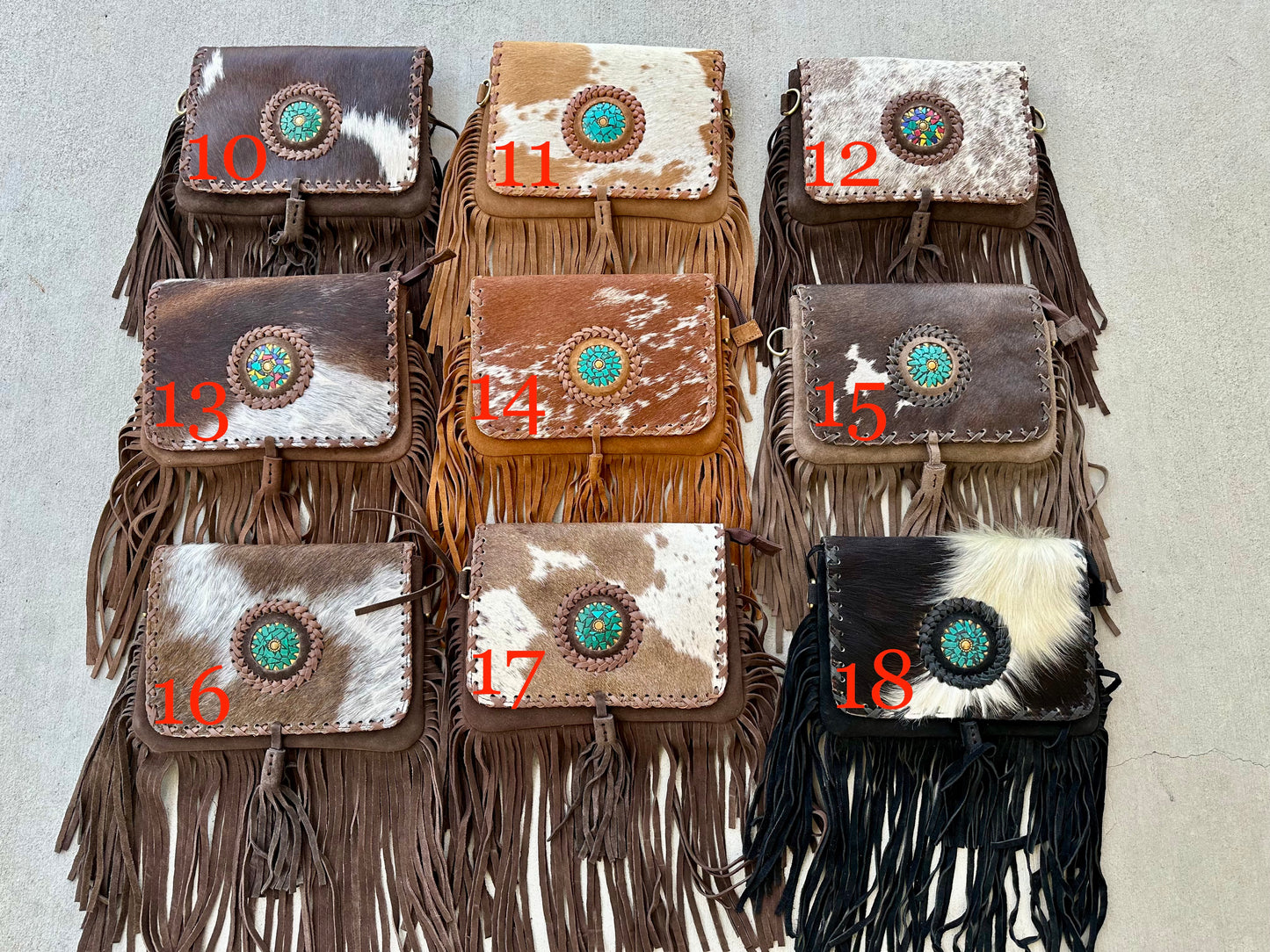 Cowhide Crossbody Purse with Fringes and Turquoise - CLARA