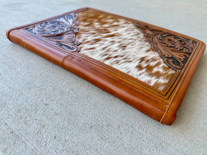 Cowhide Tooled Leather Western Padfolio Organizer in Tan
