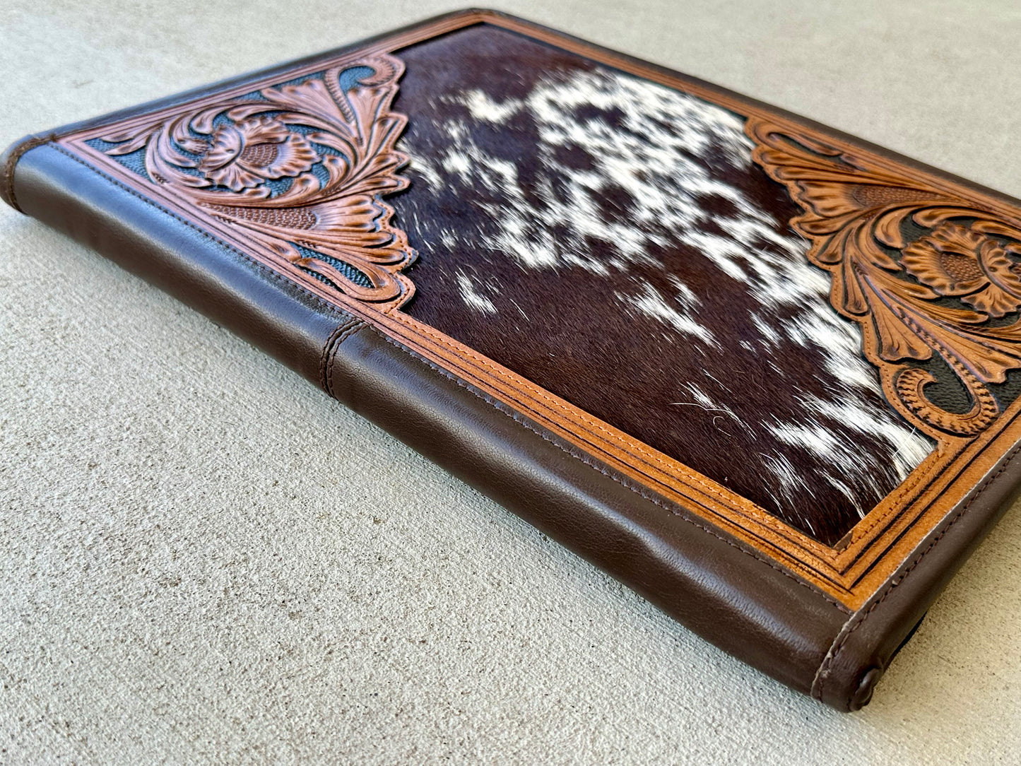 Cowhide Tooled Leather Western Padfolio Organizer in Brown