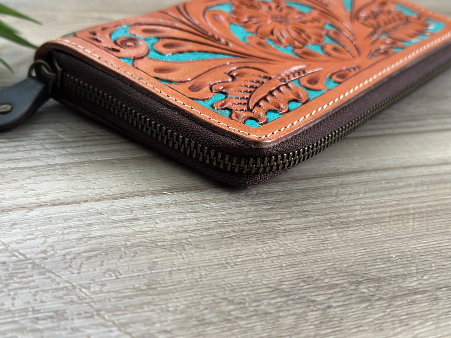 Tooled Leather Zip Wallet In Tan and Turquoise