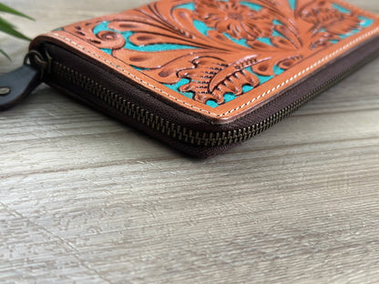 Tooled Leather Zip Wallet In Tan and Turquoise