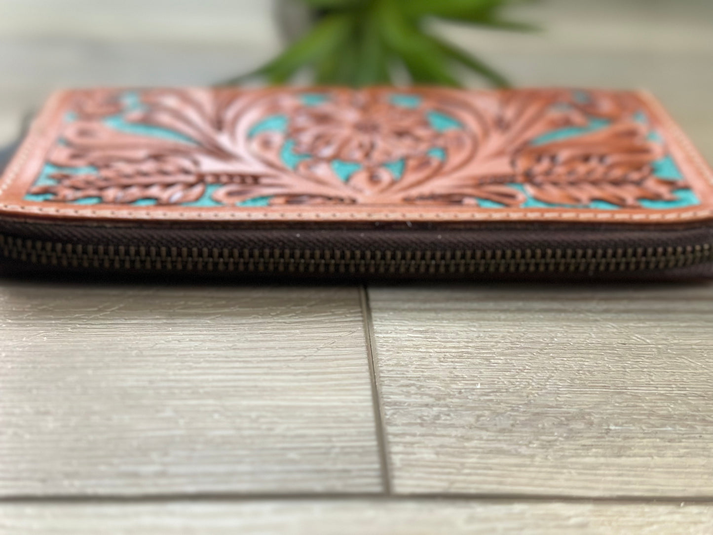 Tooled Leather Zip Wallet In Tan and Turquoise