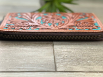 Tooled Leather Zip Wallet In Tan and Turquoise