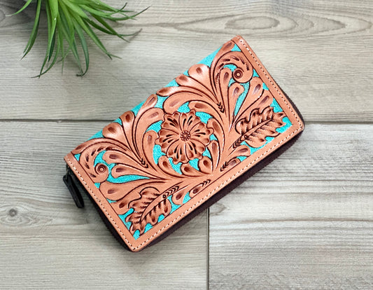 Tooled Leather Zip Wallet In Tan and Turquoise