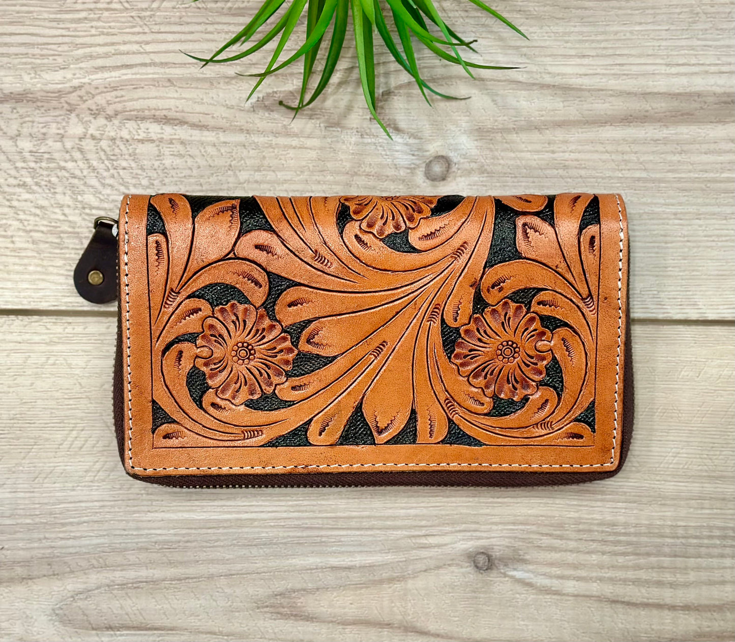 Tooled Leather Zip Wallet In Tan and Black