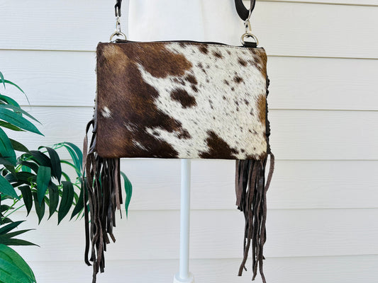Cowhide Embossed Leather Crossbody With Fringes in Brown AMELIA