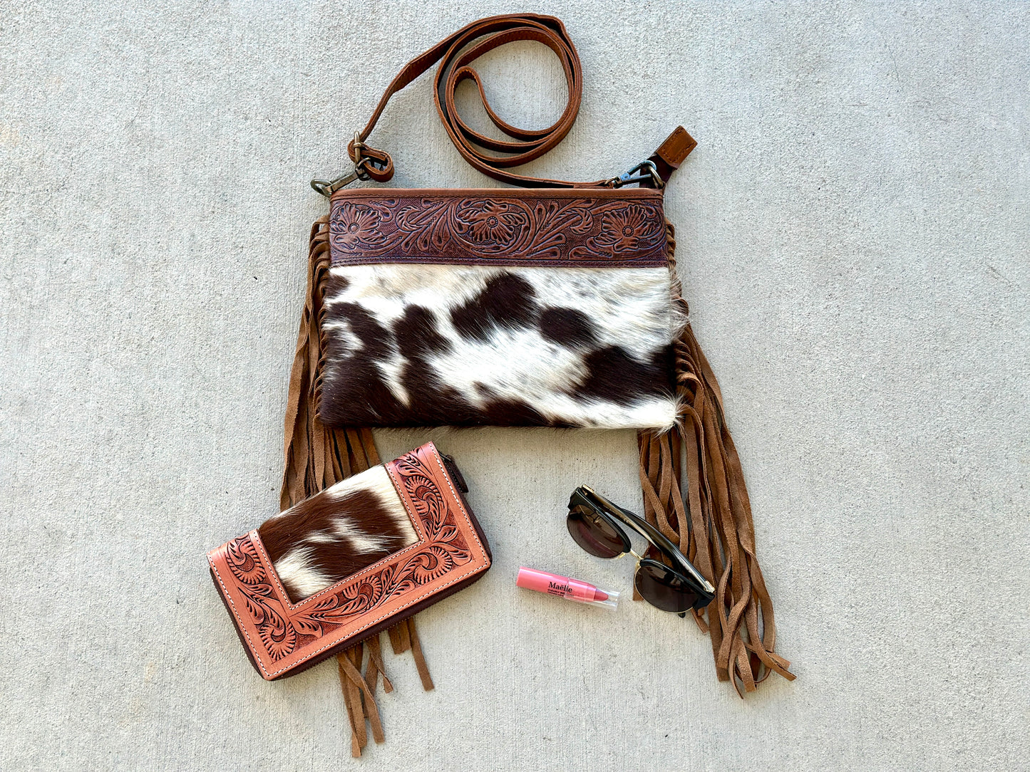 Cowhide Fringe Crossbody Bag Brown - Harper