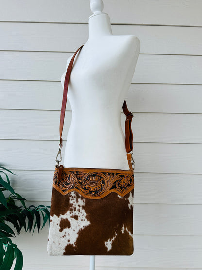 Western Cowhide Tooled Leather Messenger Bag in Tan - RAINBOW