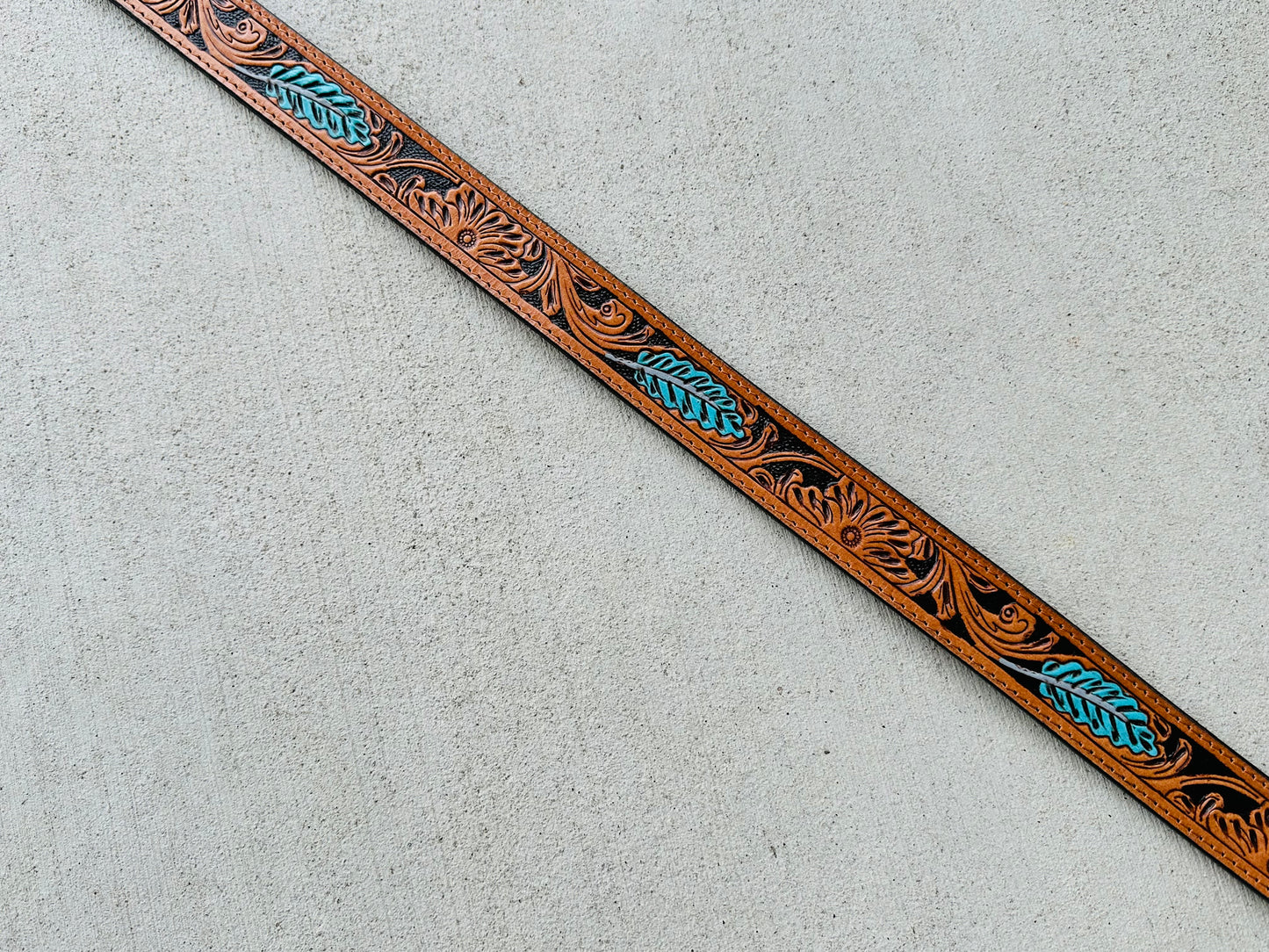 Tooled Leather Crossbody Purse Strap Turquoise Feather