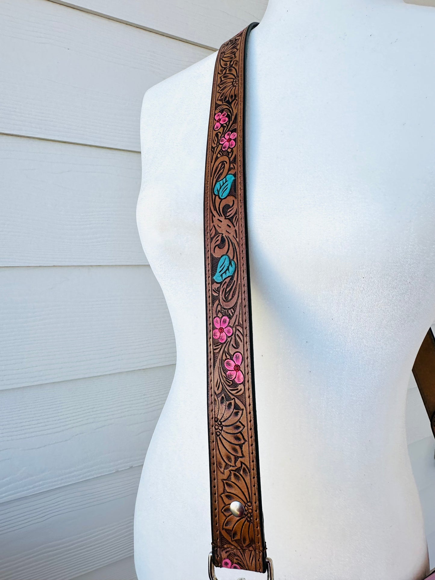 Tooled Leather Crossbody Purse Strap Floral Pink Turquoise