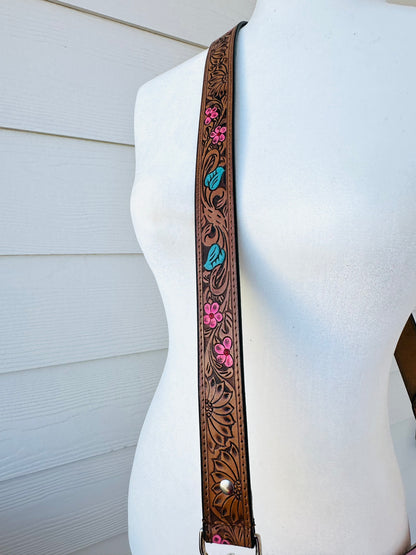 Tooled Leather Crossbody Purse Strap Floral Pink Turquoise