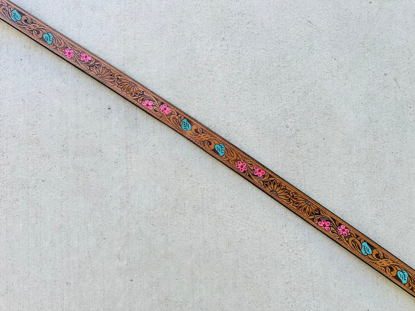 Tooled Leather Crossbody Purse Strap Floral Pink Turquoise