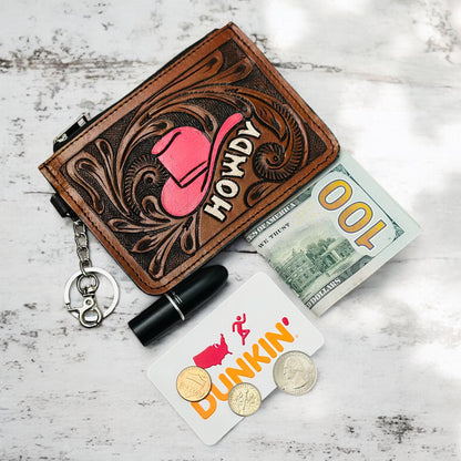 Western Tooled Leather Howdy Mini Wallet ID Card Holder