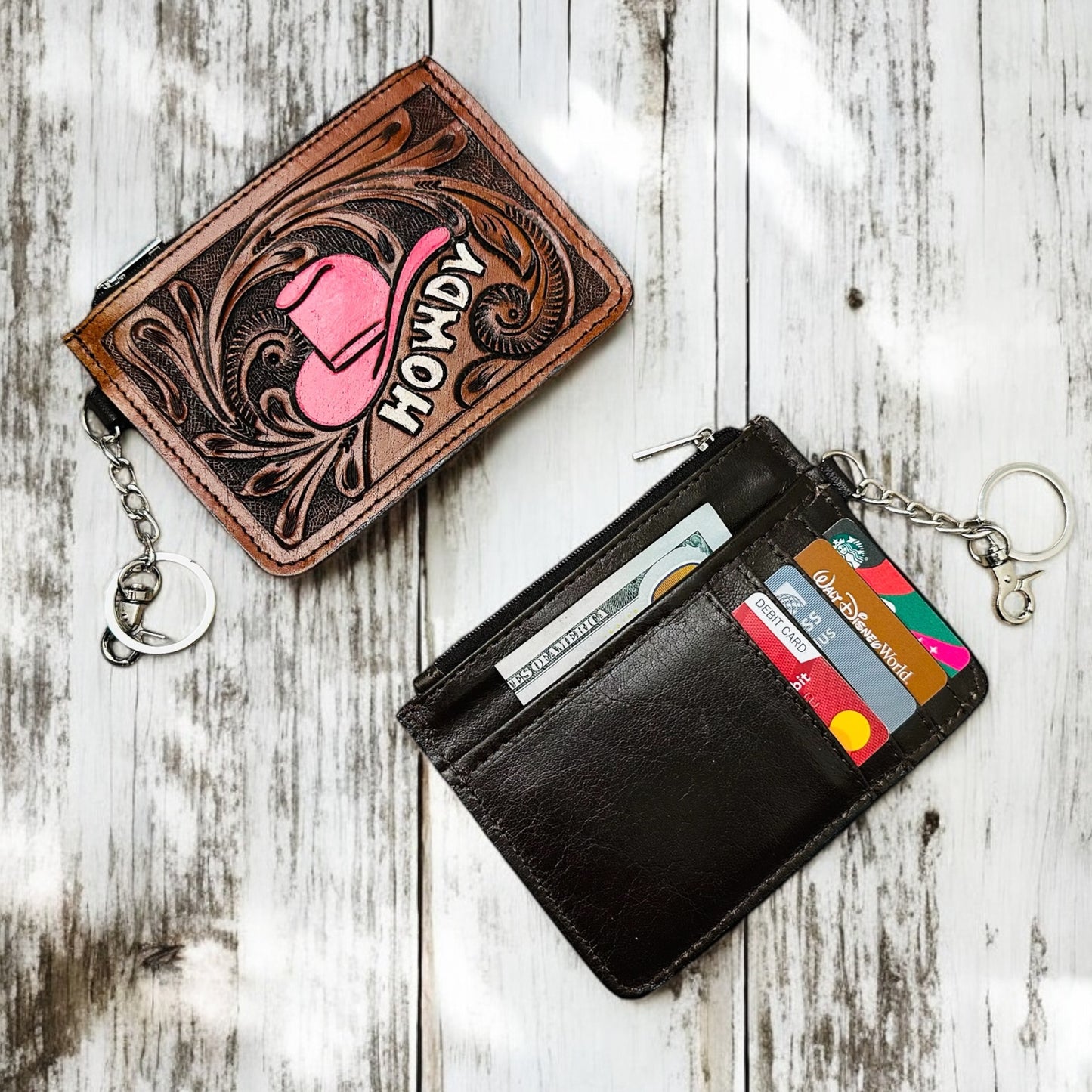 Western Tooled Leather Howdy Mini Wallet ID Card Holder