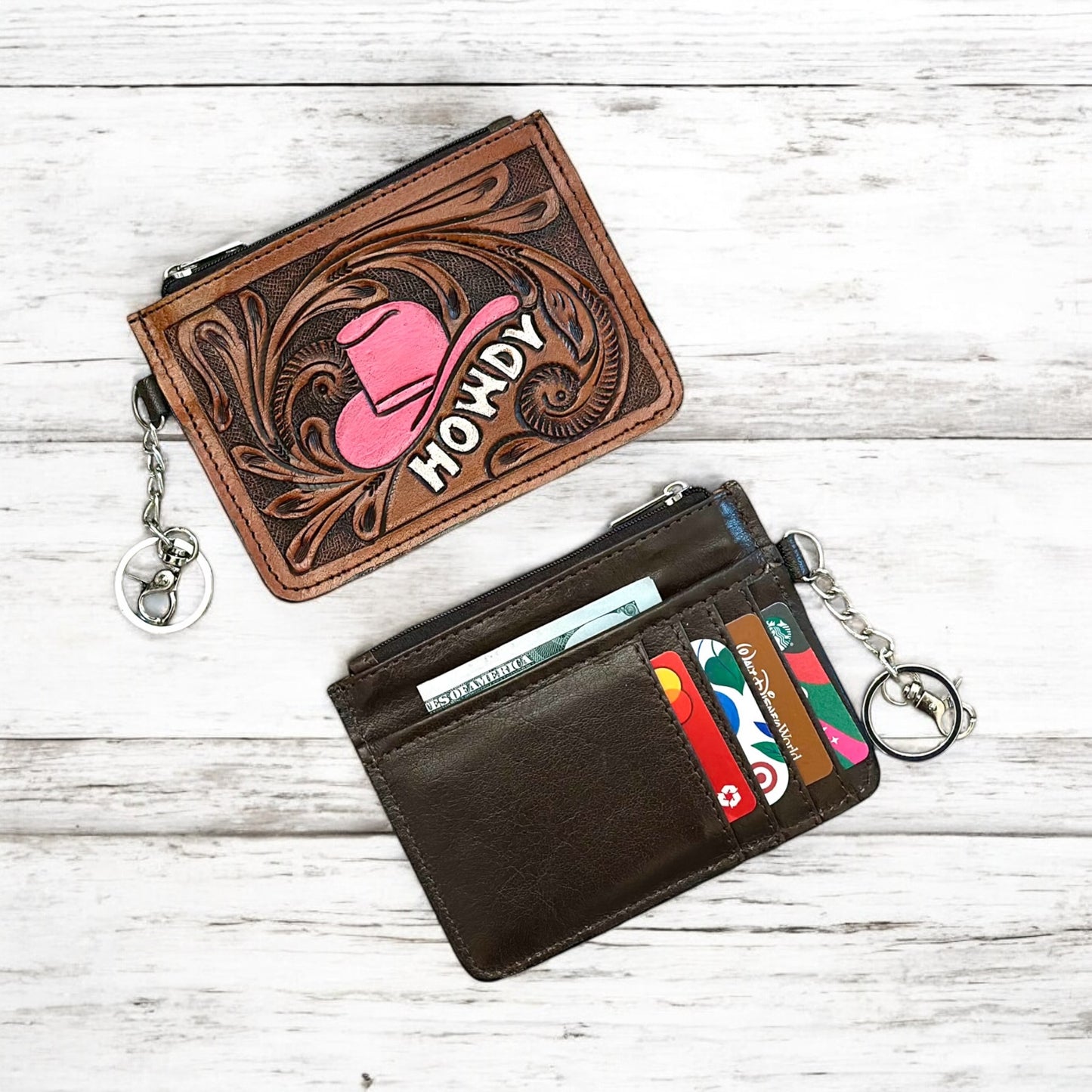 Western Tooled Leather Howdy Mini Wallet ID Card Holder