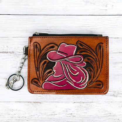Western Tooled Leather Cowgirl Mini Wallet ID Card Holder