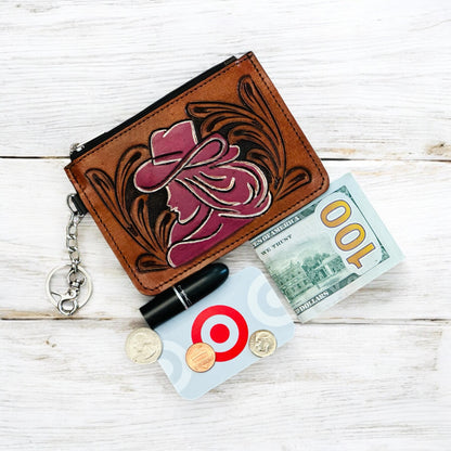 Western Tooled Leather Cowgirl Mini Wallet ID Card Holder