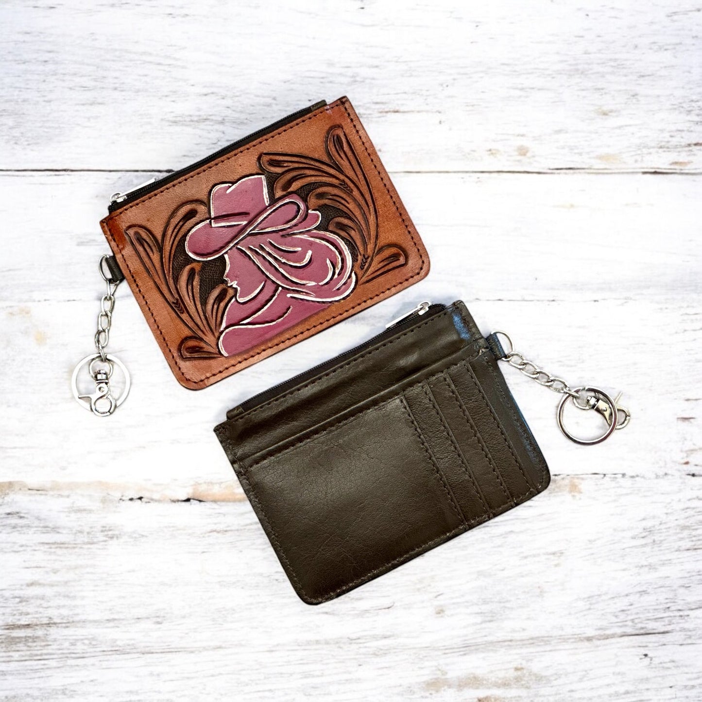Western Tooled Leather Cowgirl Mini Wallet ID Card Holder