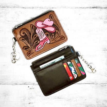 Western Tooled Leather Western Cowgirl Boots and Hat Mini Wallet ID Card Holder