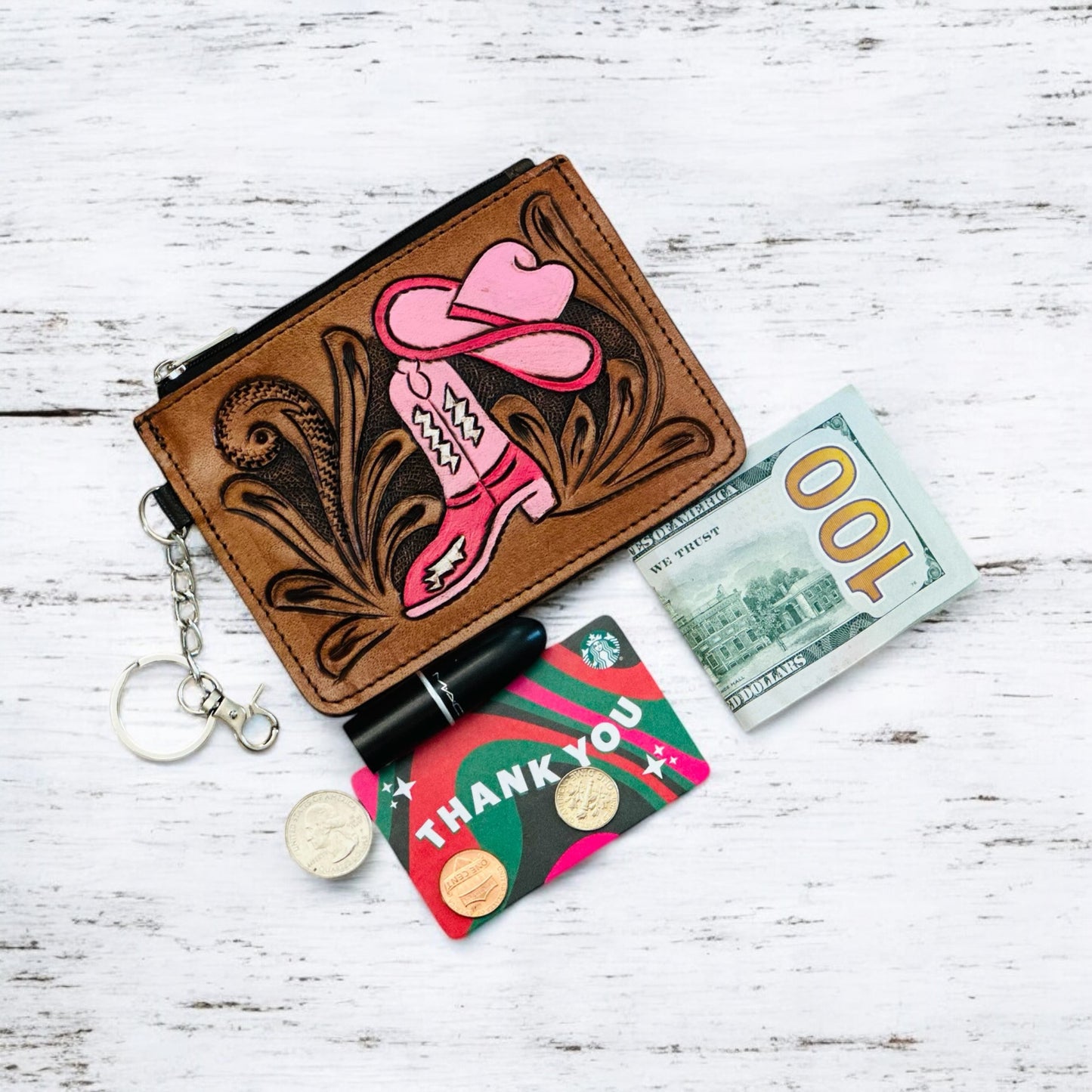 Western Tooled Leather Western Cowgirl Boots and Hat Mini Wallet ID Card Holder