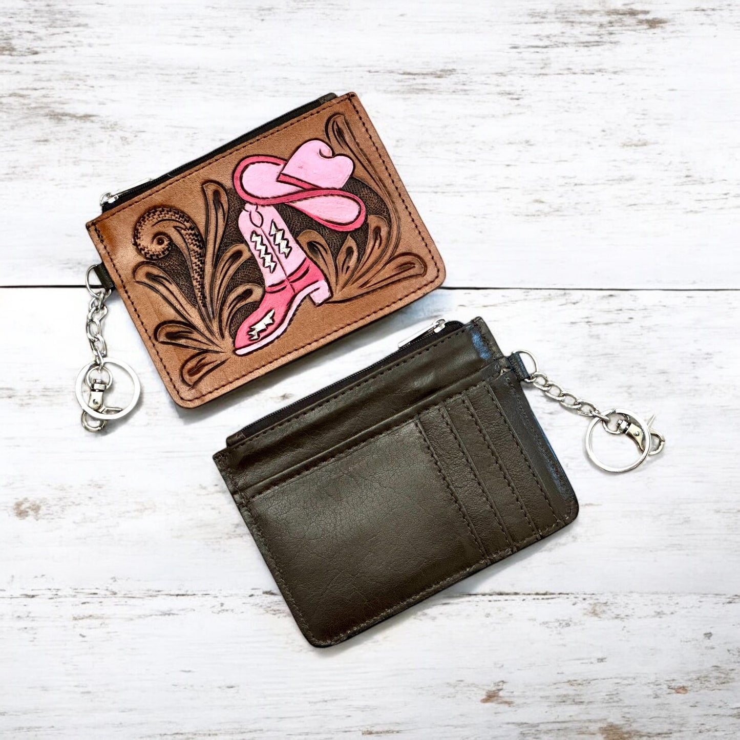 Western Tooled Leather Western Cowgirl Boots and Hat Mini Wallet ID Card Holder