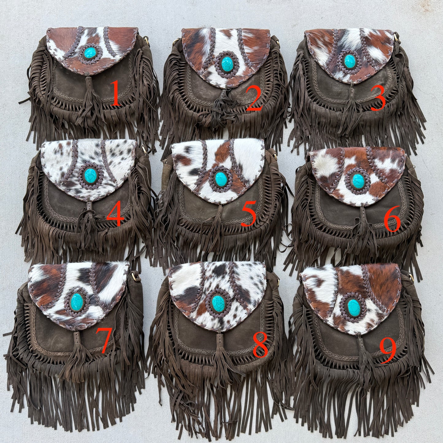 Cowhide Crossbody Purse with Fringes and Turquoise - Eva