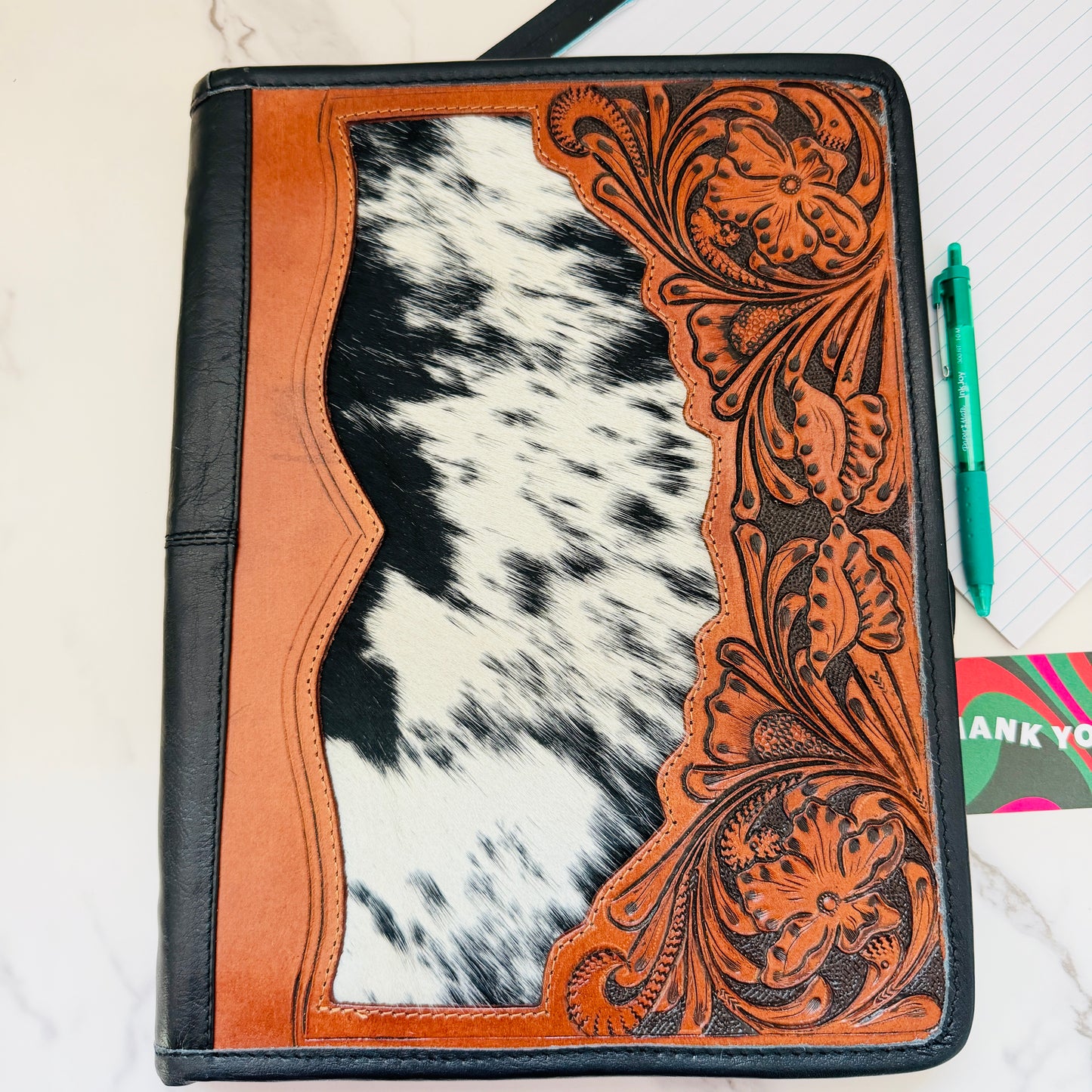 Cowhide Tooled Leather Western Padfolio Organizer in Tan and Black