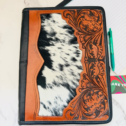 Cowhide Tooled Leather Western Padfolio Organizer in Tan and Black