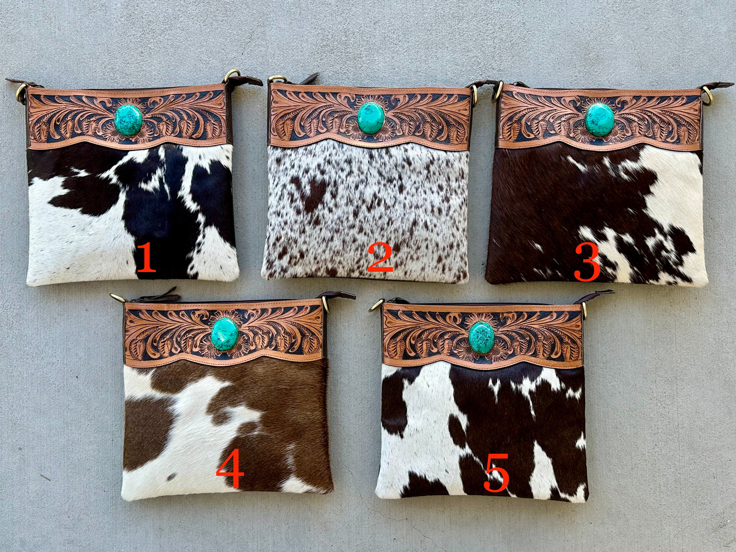 Western Cowhide Bag with Tooled Brown Leather and Turquoise REMI