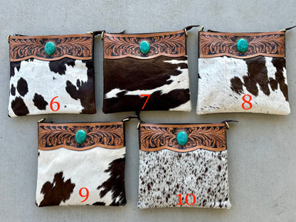 Western Cowhide Bag with Tooled Brown Leather and Turquoise REMI