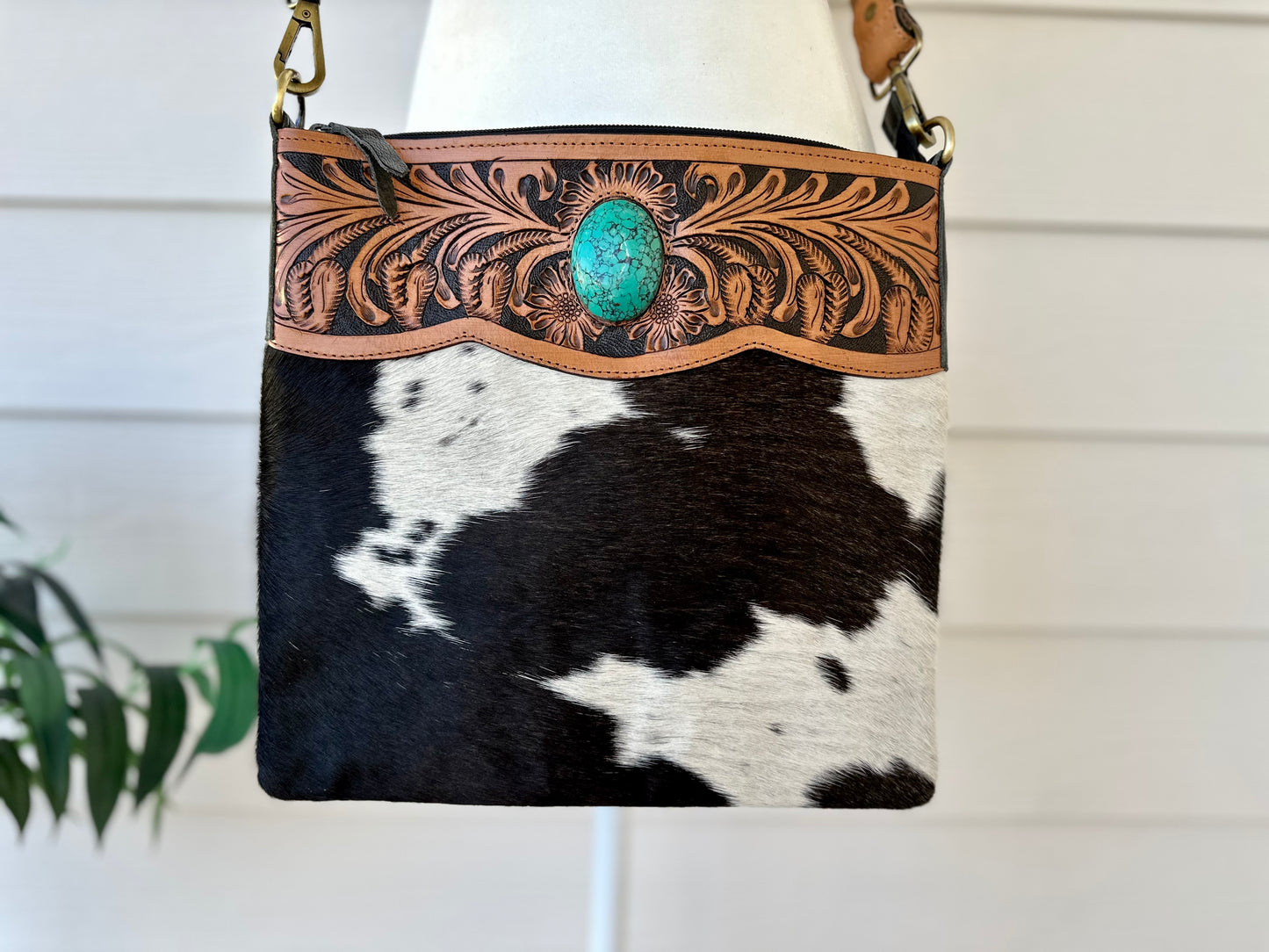 Western Cowhide Crossbody with Black Tooled Leather and Turquoise REMI