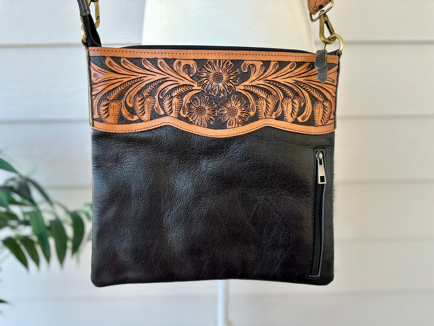 Western Cowhide Crossbody with Black Tooled Leather and Turquoise REMI