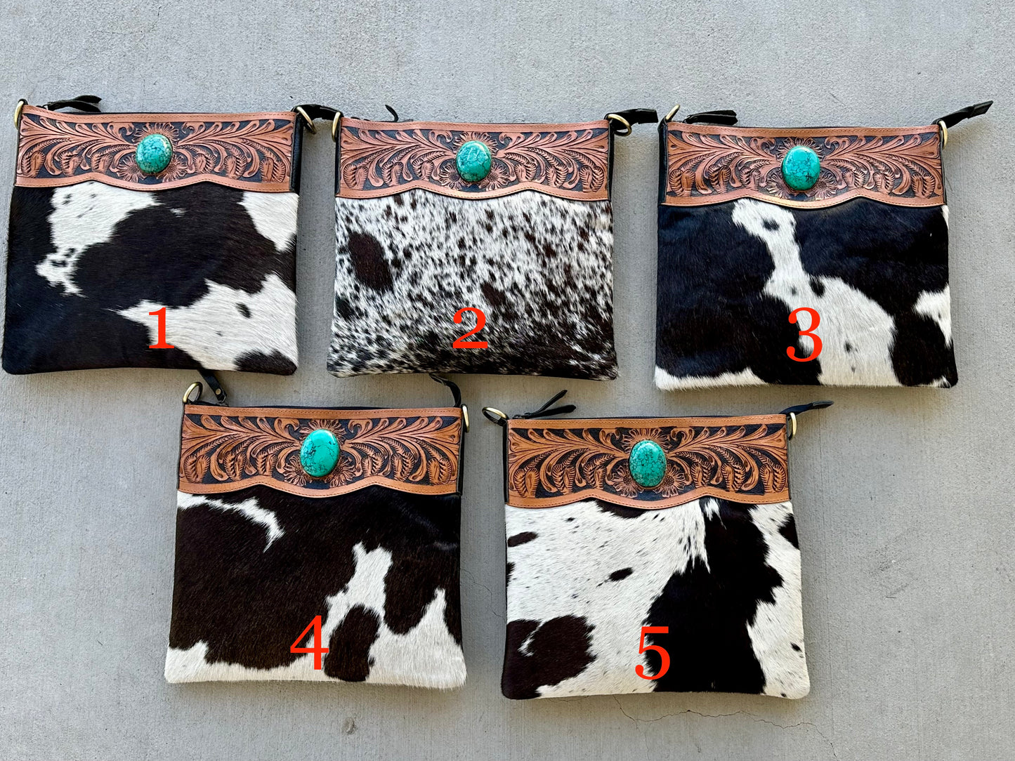 Western Cowhide Crossbody with Black Tooled Leather and Turquoise REMI
