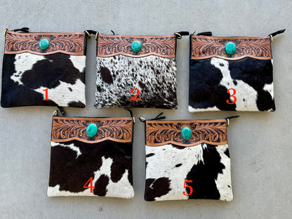 Western Cowhide Crossbody with Black Tooled Leather and Turquoise REMI