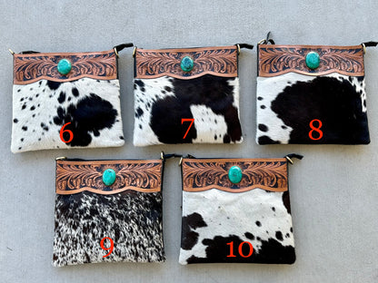 Western Cowhide Crossbody with Black Tooled Leather and Turquoise REMI