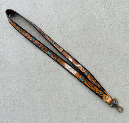 Tooled Leather & Cowhide Lanyard with Turquoise Accents | Western Cowgirl ID Holder