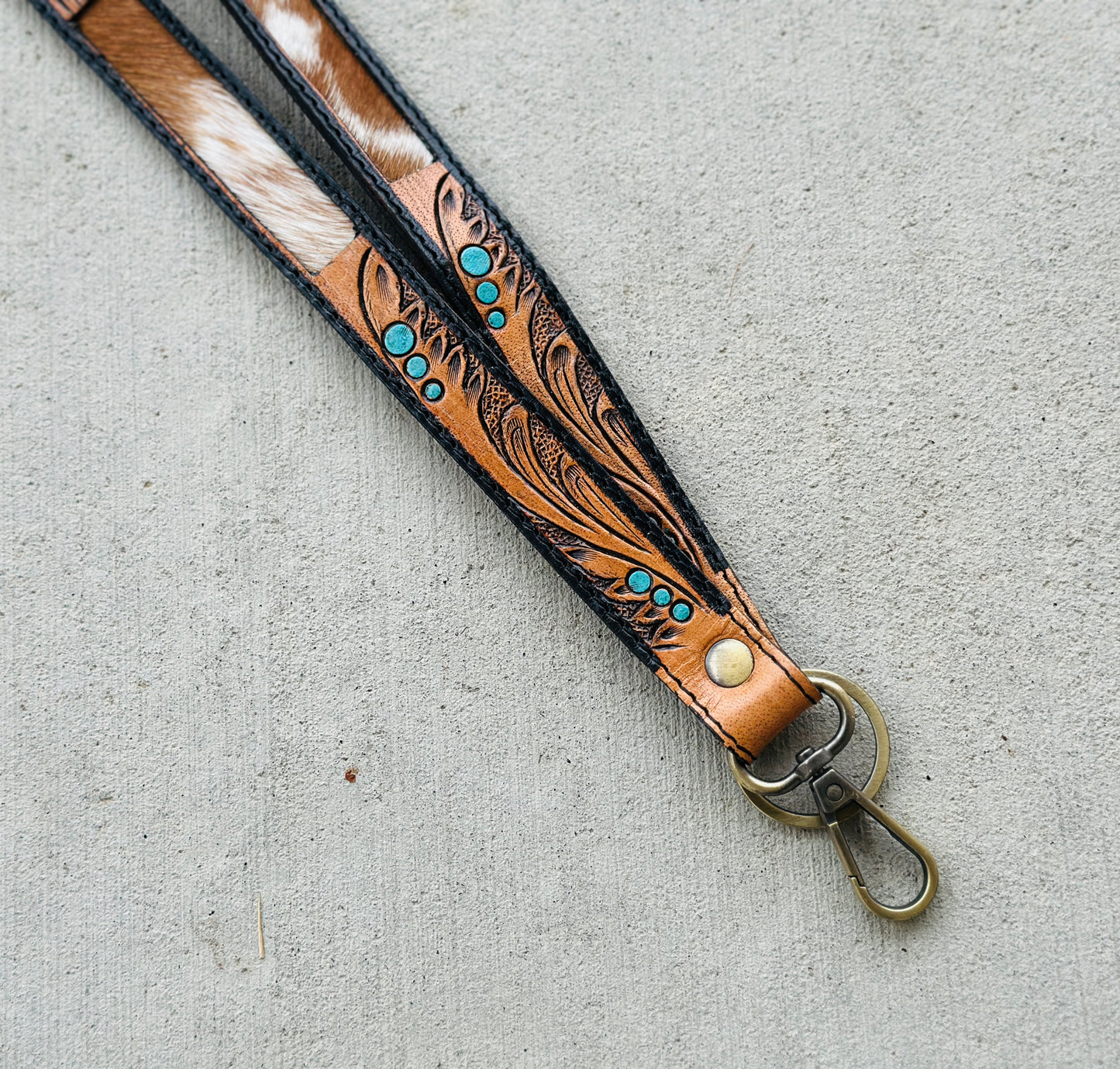 Tooled Leather & Cowhide Lanyard with Turquoise Accents | Western Cowgirl ID Holder