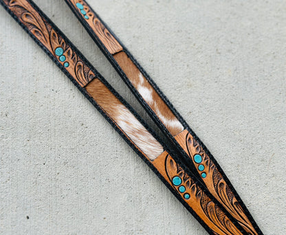 Tooled Leather & Cowhide Lanyard with Turquoise Accents | Western Cowgirl ID Holder