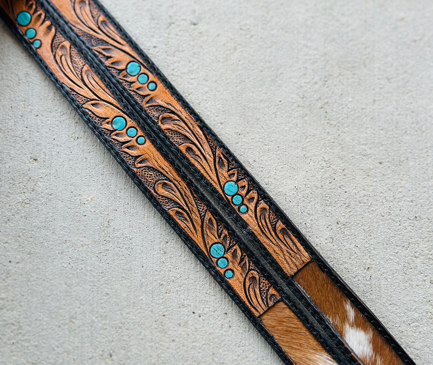 Tooled Leather & Cowhide Lanyard with Turquoise Accents | Western Cowgirl ID Holder
