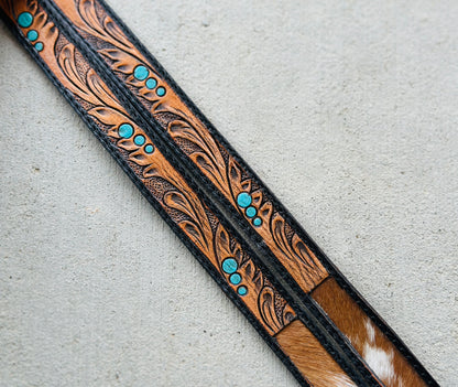 Tooled Leather & Cowhide Lanyard with Turquoise Accents | Western Cowgirl ID Holder