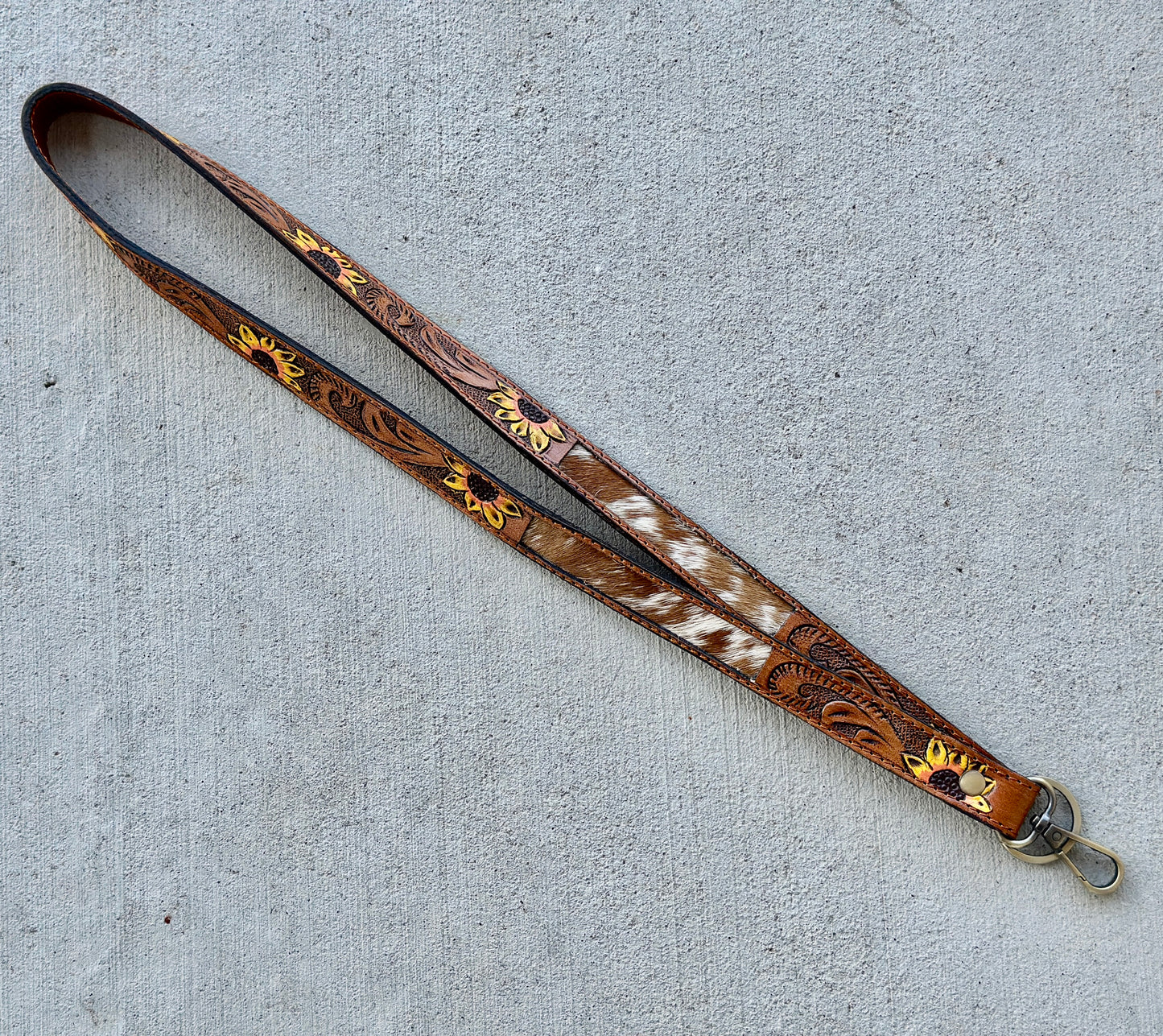 Sunflower Cowhide Lanyard | Tooled Leather Western ID Holder