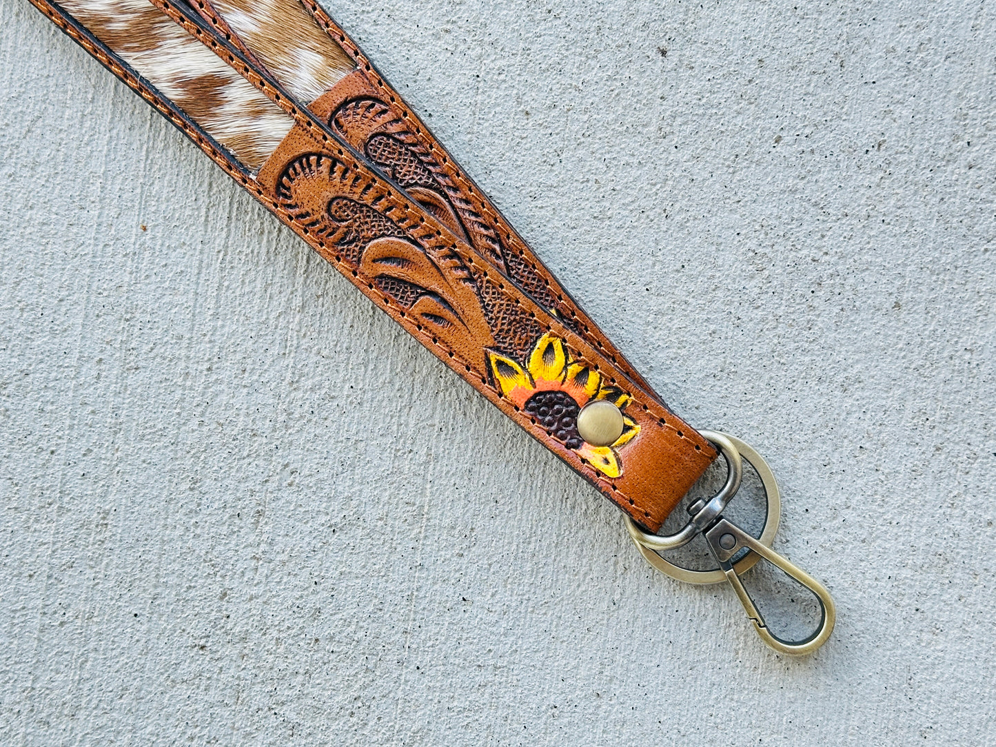 Sunflower Cowhide Lanyard | Tooled Leather Western ID Holder